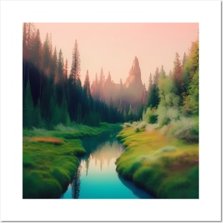 AI Generated Art Scenery - Lush Green Forest Mountains In The Back And River Posters and Art